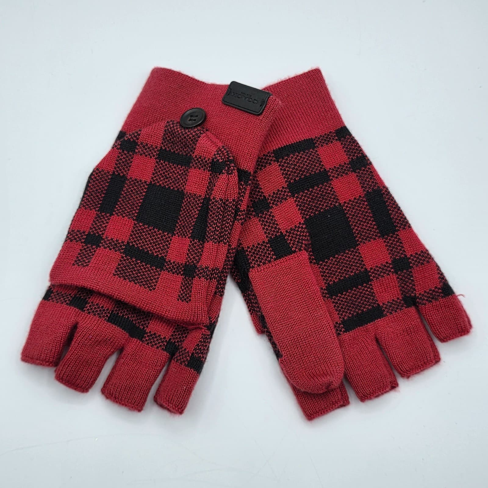 Coach Red Black Buffalo Plaid Wool Knit Blend Convertible Mittens Gloves,NWT