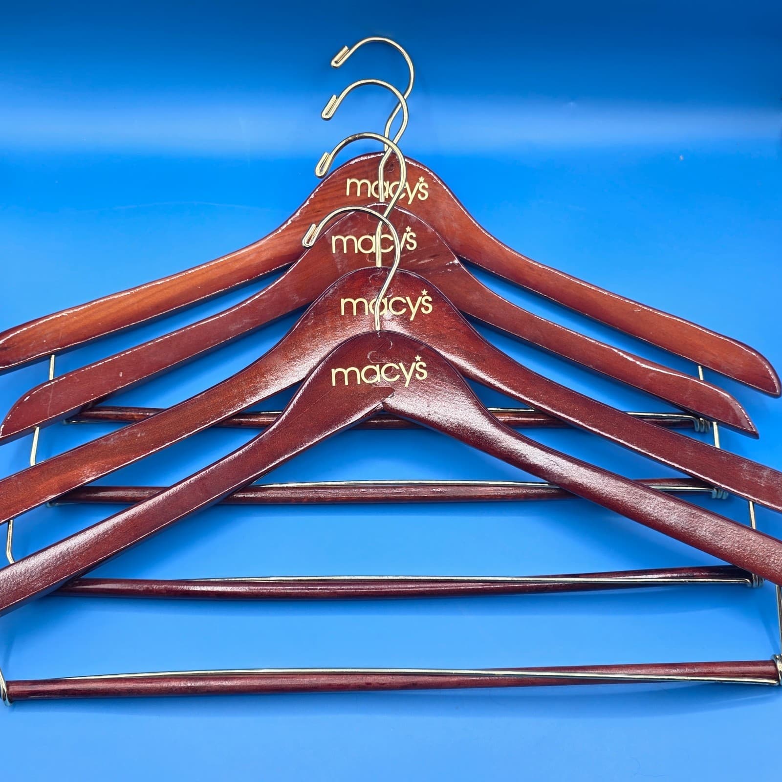 Lot of 2 Macy's Wooden Hangers Brown for Pants, Jacket, Suits, Shirts and Coats