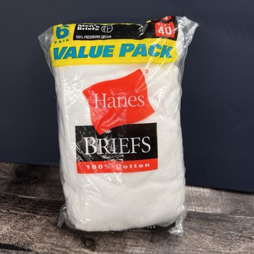 VINTAGE 2002 Hanes Mens Briefs White Underwear 6 Pairs Pack Size 40 XL Cotton