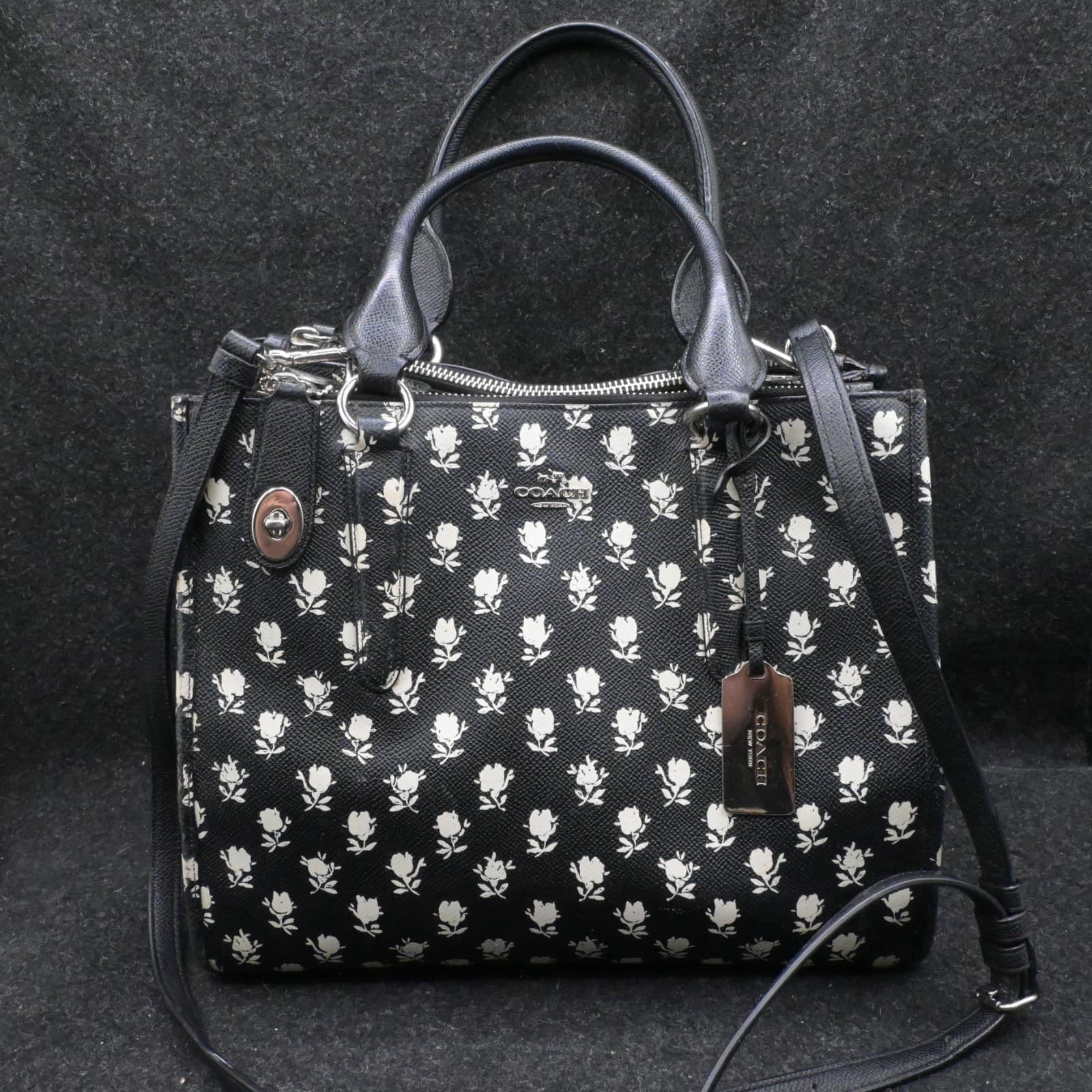 Coach Crosby Black & White Leather Floral Print Tote Satchel Bag Crossgrain Leat