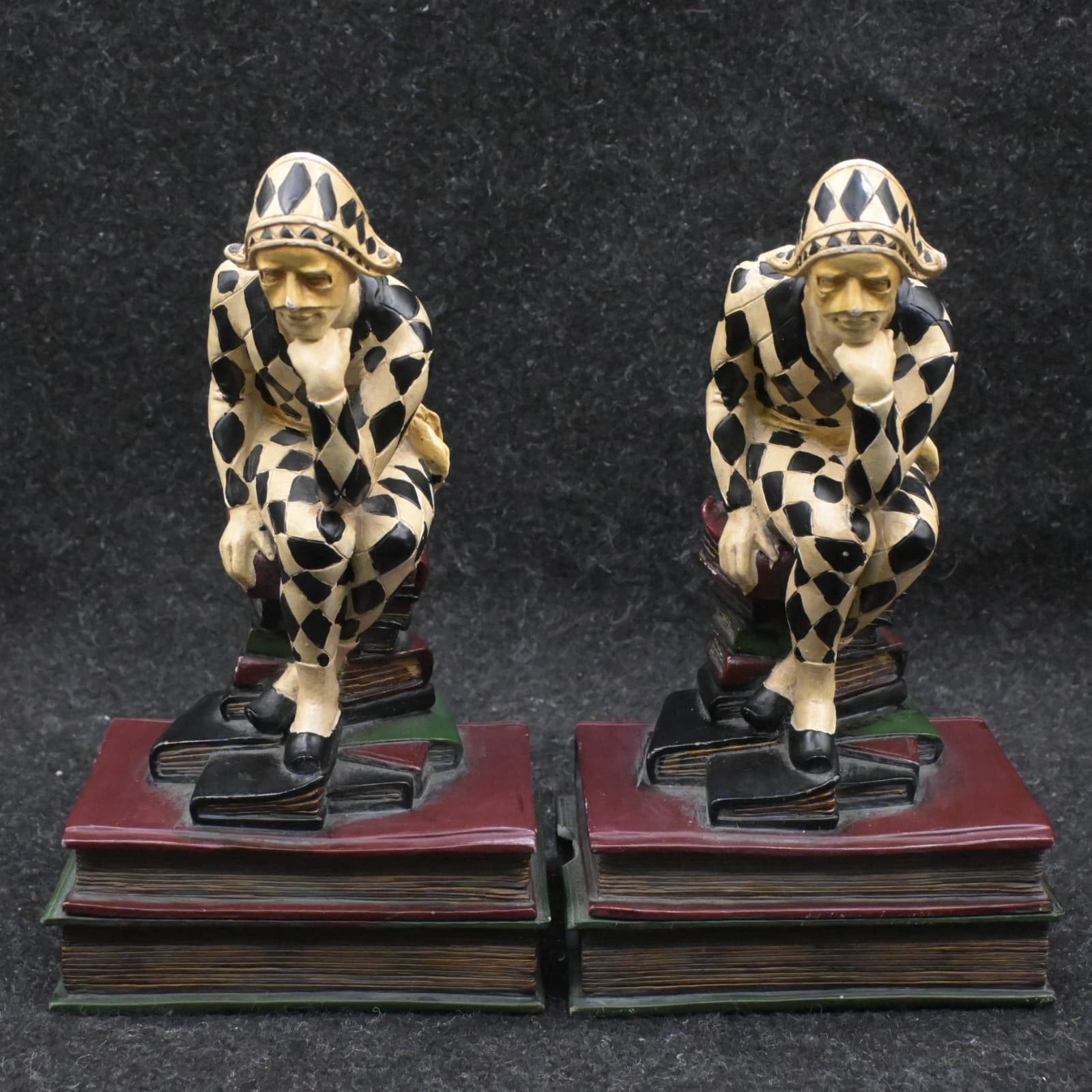 Harlequin Jester Resin Bookends Pair Hand Painted Diamond Pattern Multicolor