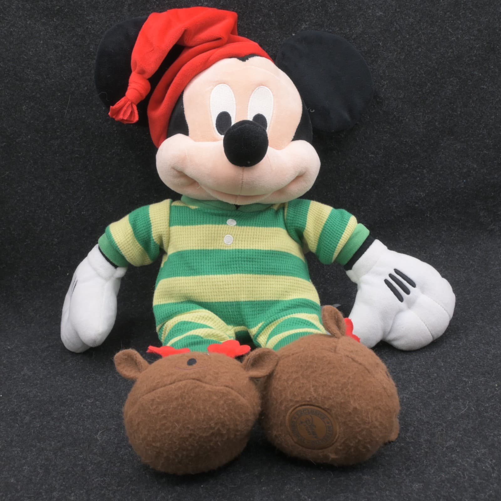 Disney Store Mickey Mouse Plush 18" Christmas Green Pajamas Reindeer Slippers NW