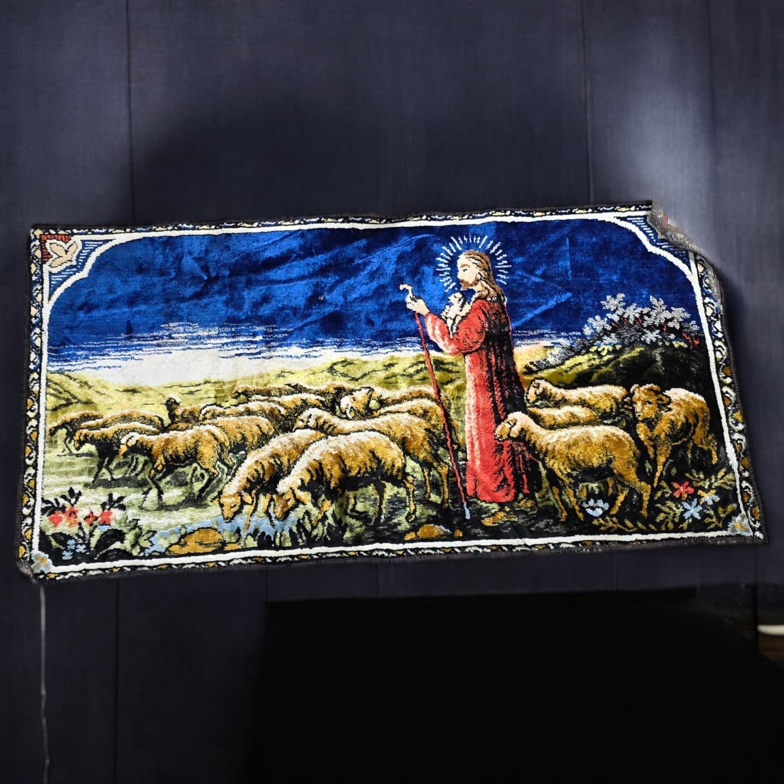 Vintage Textile "Jesus & His Flock" Cotton/Rayon Blend 37.5" x 19" Italy