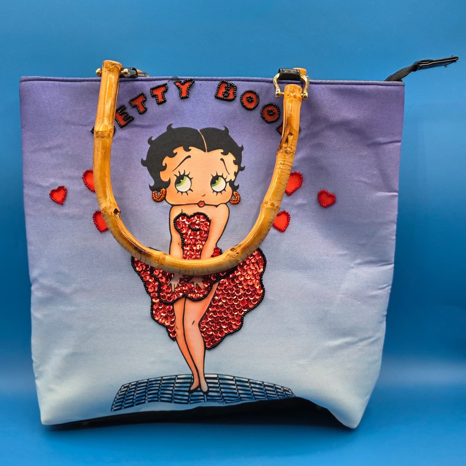 Betty Boop in Red Sequin and Beads Dress Hand Bag Faux Bamboo Handles Rare OOAK