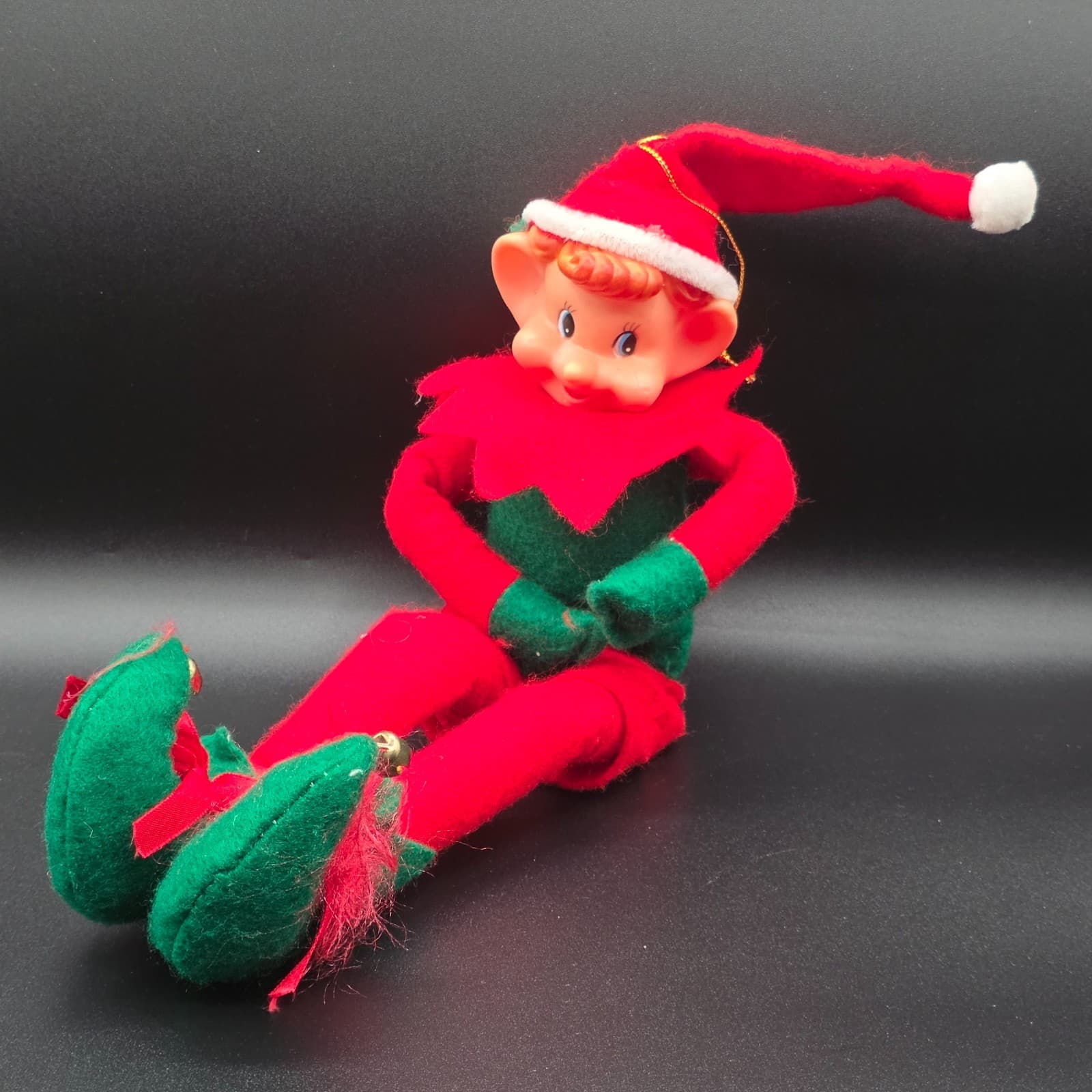 Vintage Rubber Faced Felt Plush Elf Doll Figurine Sitter Christmas 13" Long
