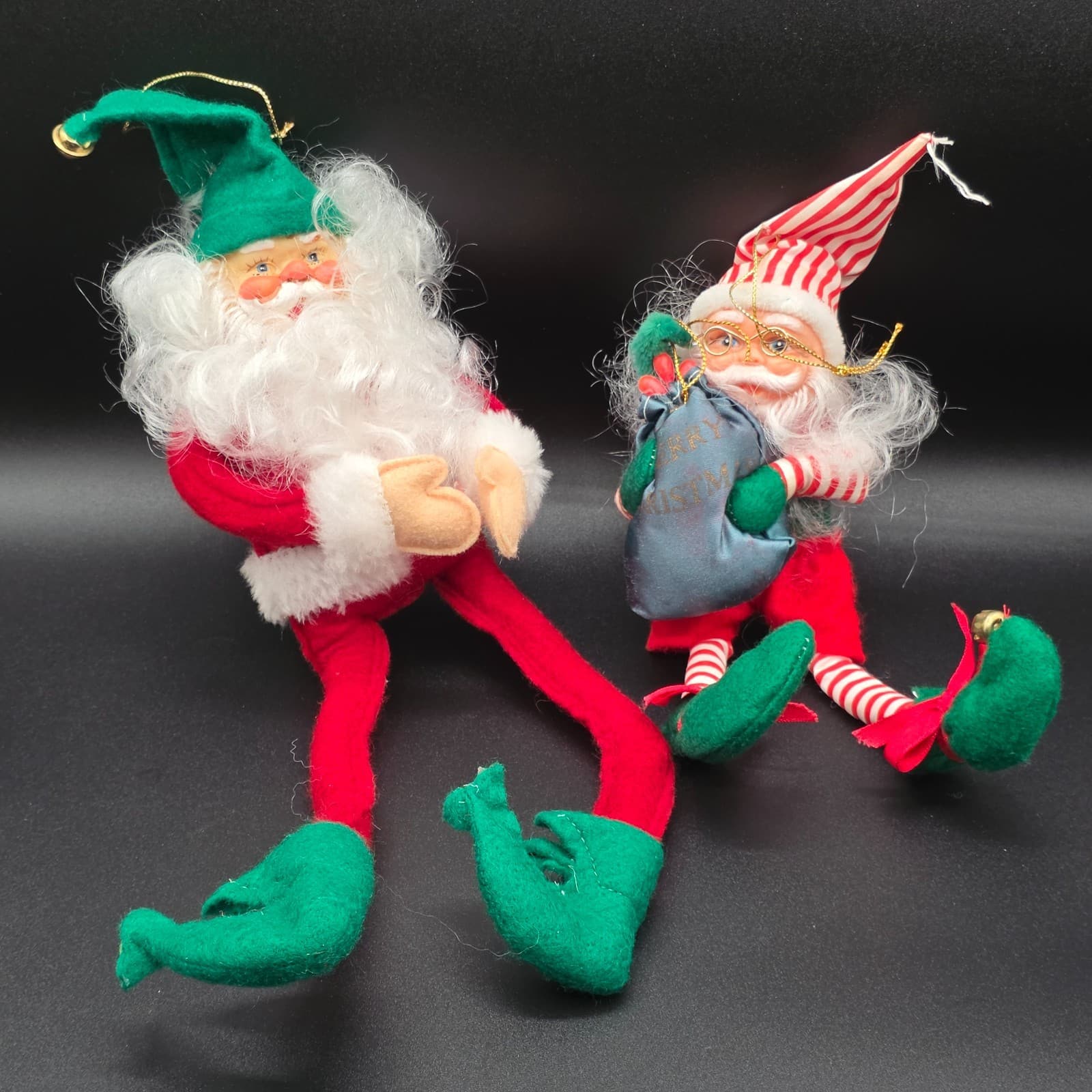 Vintage 2 Felt Bendable Long Leg Santa Claus Elf Shelf Sitter 13" & 8" Long