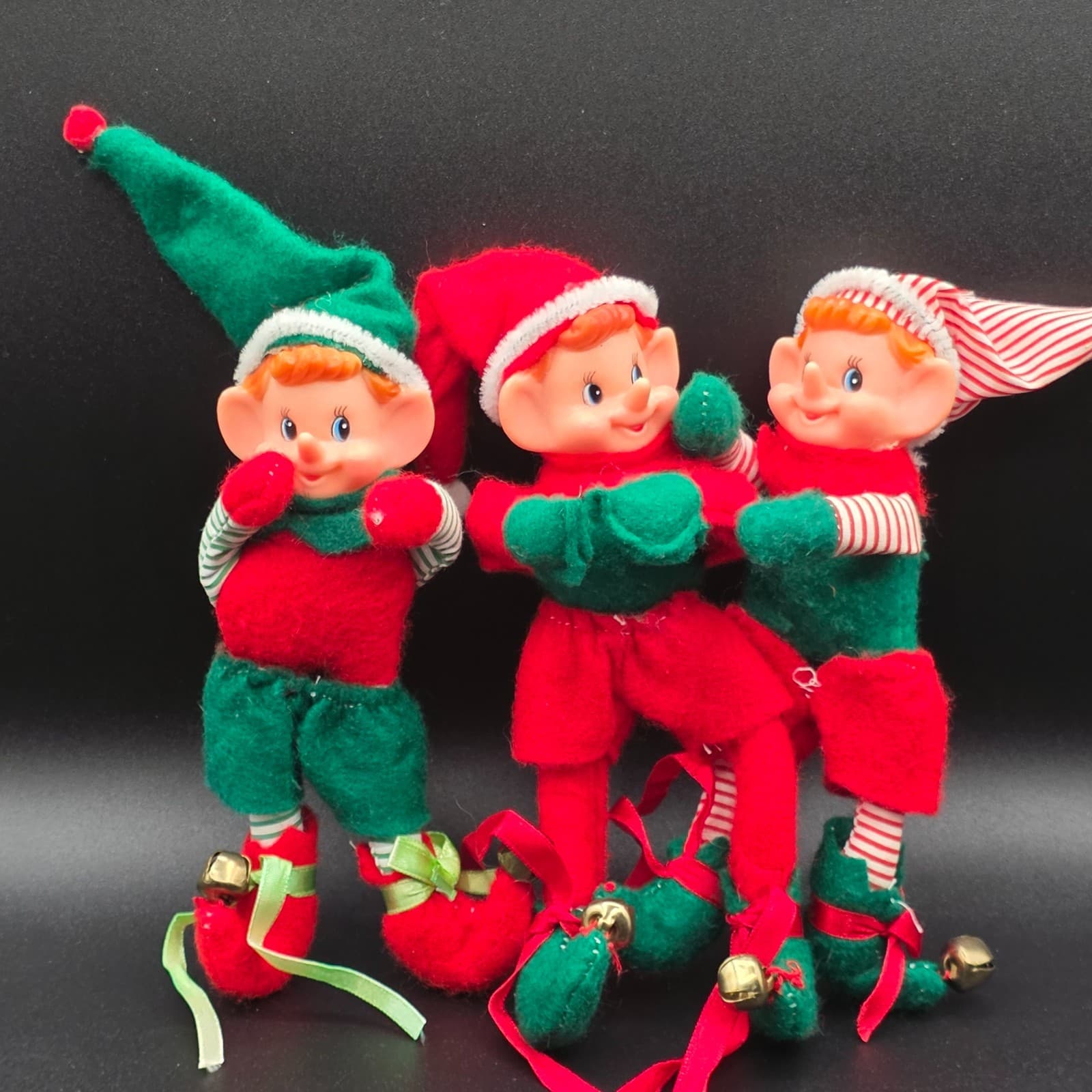 Set of 3 Vintage Christmas Pixie Elf Bendable with Jingle Bells 7"