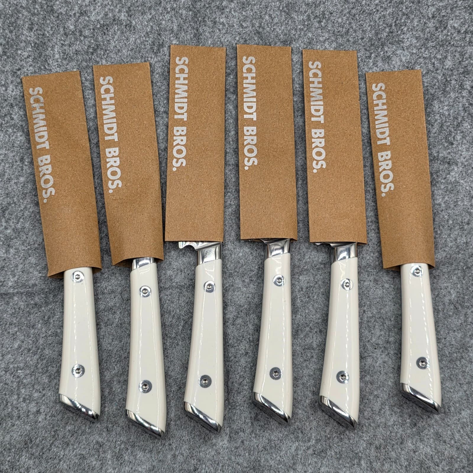 Schmidt Bros 6 4.5" Serrated Steak Knives German Stainless Steel White Handle