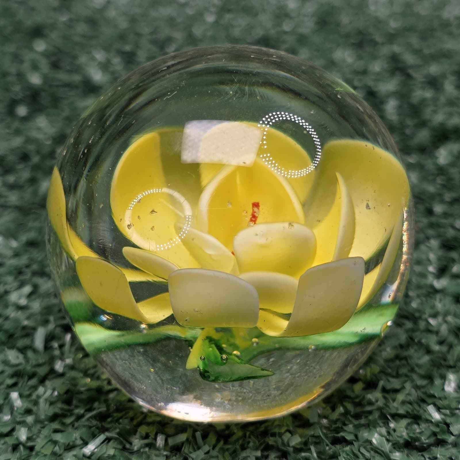Vintage Murano Style Glass Hand Blown Paperweights Yellow Floral 2" Tall