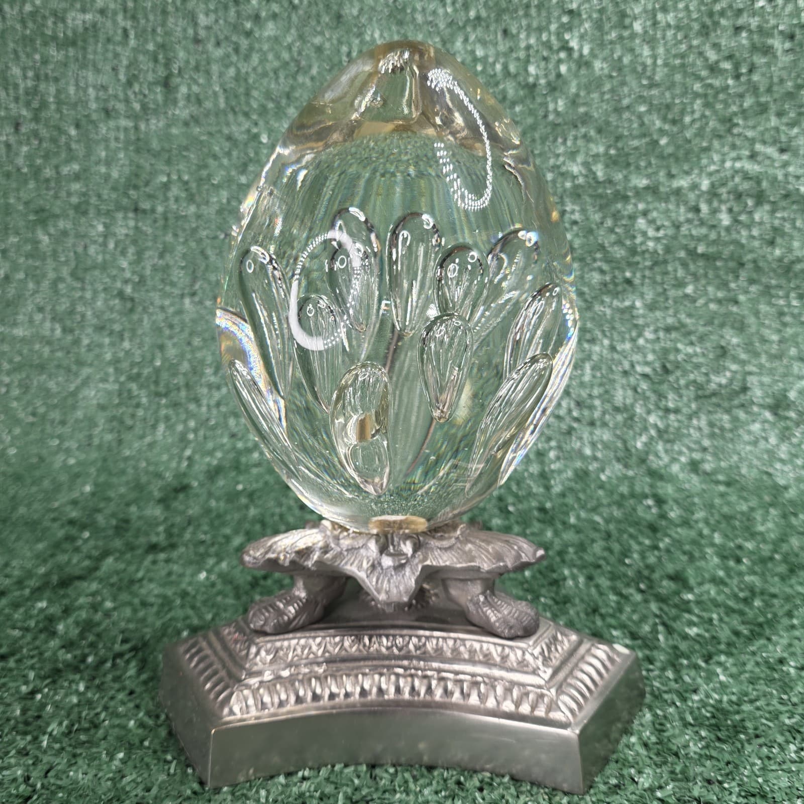 Vtg Controlled Bubble Glass Egg Paperweight On Metal Art Nouveau Base 8”