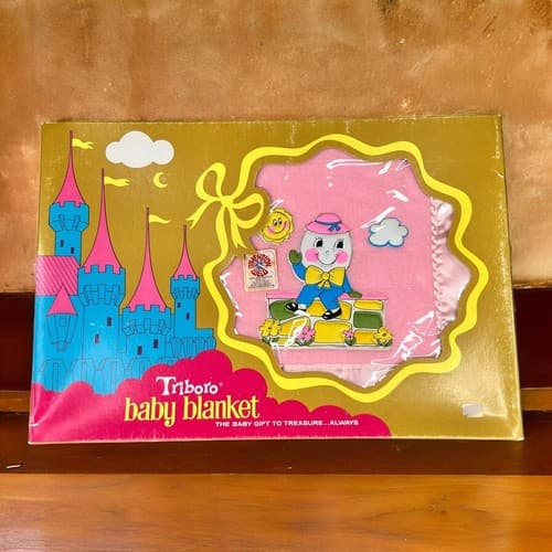Vintage 80s Triboro Baby Blanket Humpty Dumpty Pink 36 x 50" Satin Binding Trim