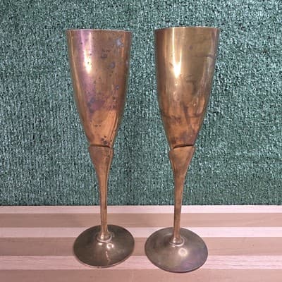 2 Vintage 9.25" Brass Toasting Champagne Flute Stemmed Goblet