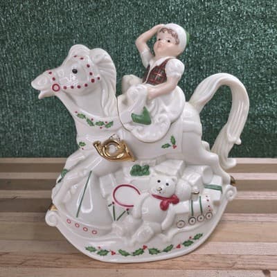 Lenox Tea Pot Elf and Rocking Horse Santa Holiday Toy Shop Christmas Holly