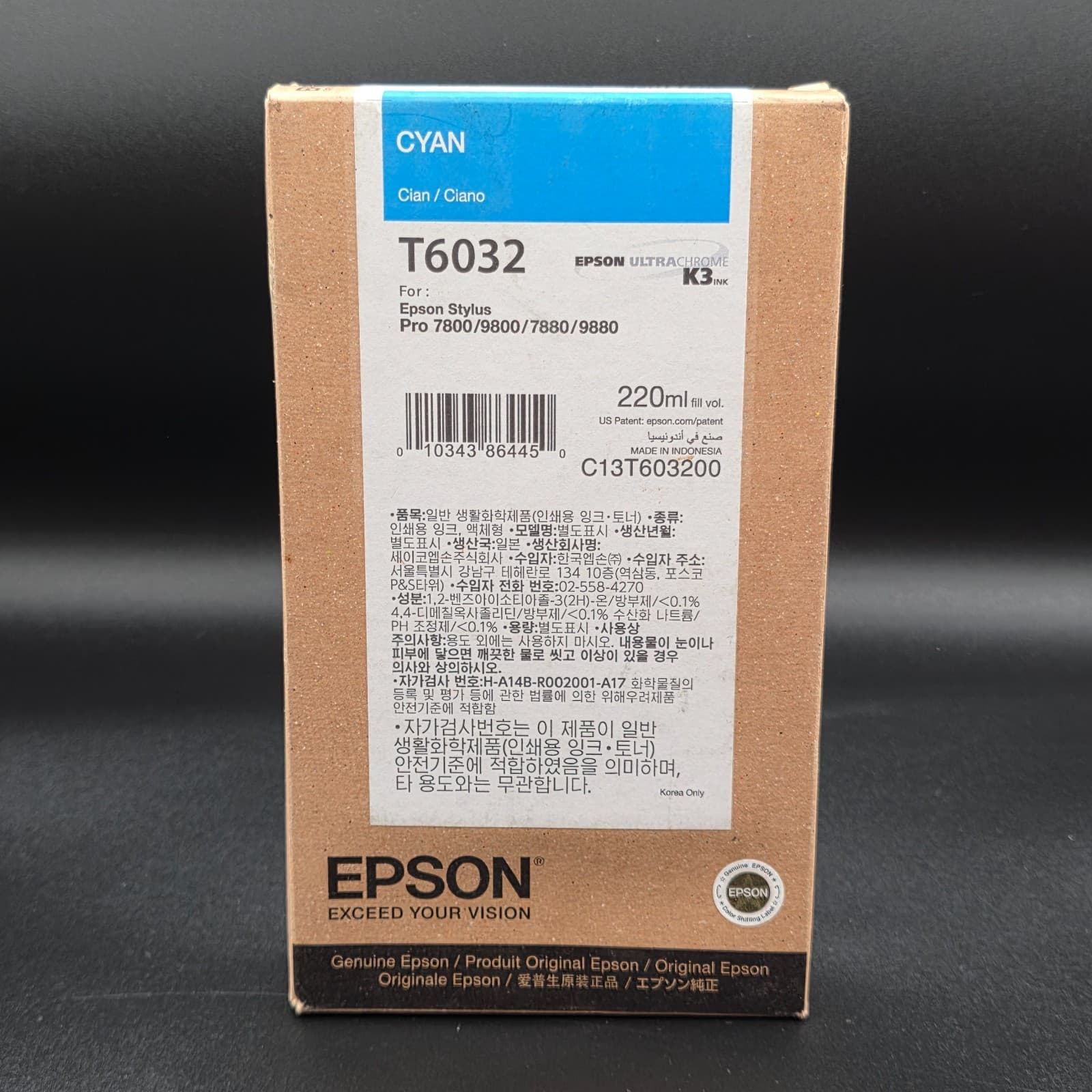10/2018 NIB GENUINE EPSON T6032 220ML CYAN INK STYLUS PRO 7800 7880 9800 9880