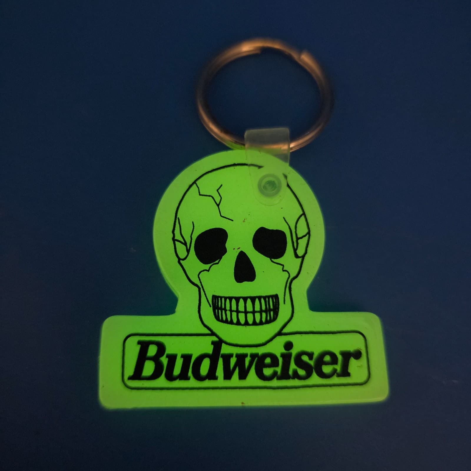 Vintage Budweiser Advertising Keychain Beer Key Fob Sign Glow in Dark Skull