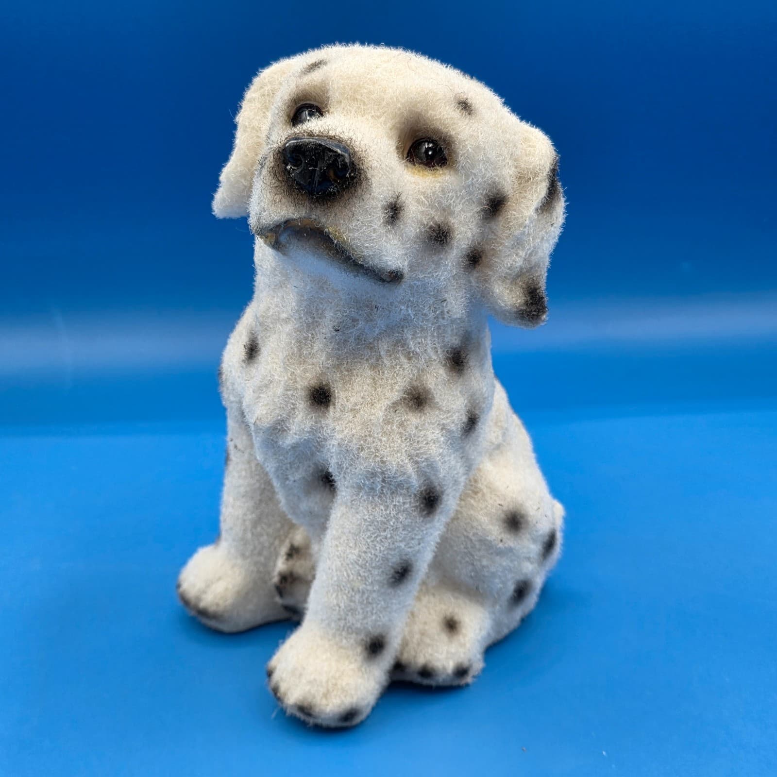 Vintage Flocked Dalmatian Dog Puppy Sitting Figure Cute Black White Spotted