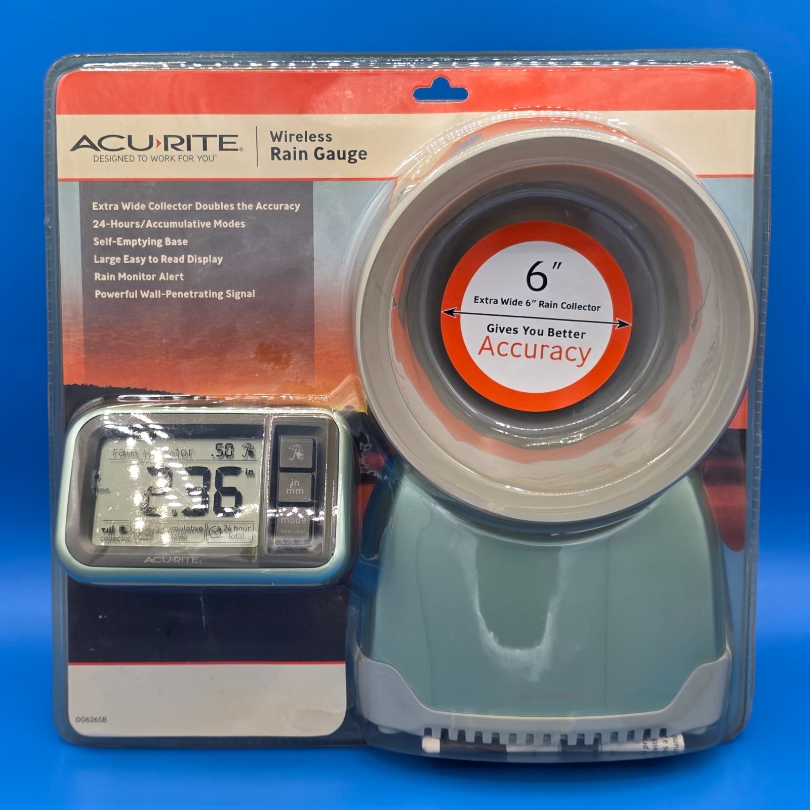 AcuRite Wireless Rain Gauge Extra Wide 6" Rain Collector Self-Emptying Base NEW