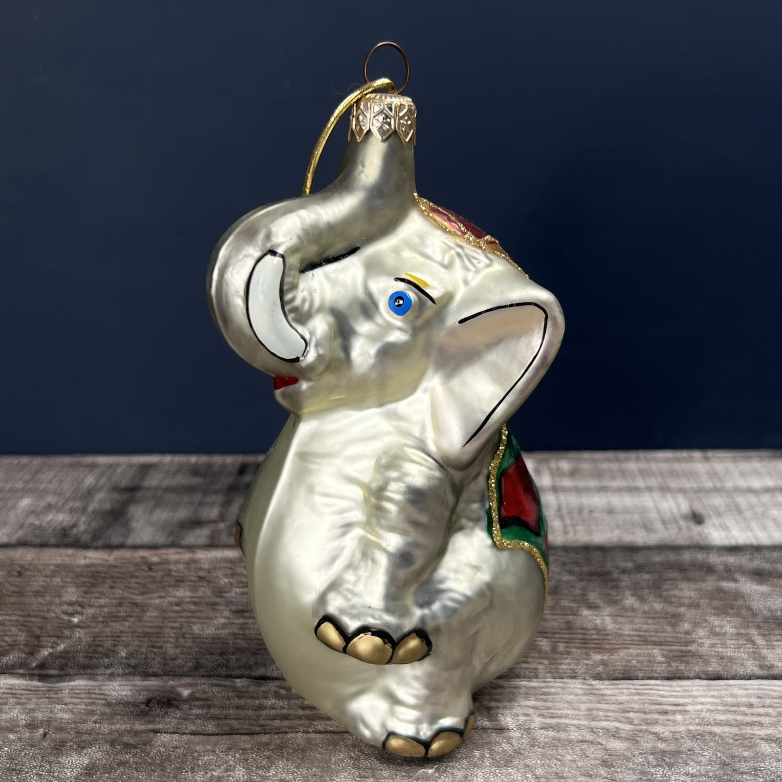 Kurt Adler Polonaise Christmas Ornament Glass Elephant Trunk Up Good Luck 6"