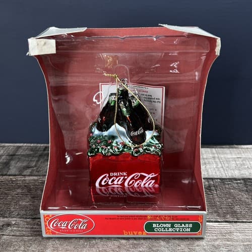 COKE ORNAMENT COCA COLA BLOWN GLASS RED COOLER GREEN BOW 6 BOTTLES CHRISTMAS