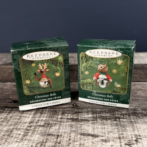 2 Hallmark Ornament Christmas Bells Series Miniature Bear Reindeer Bell # 6 & 7