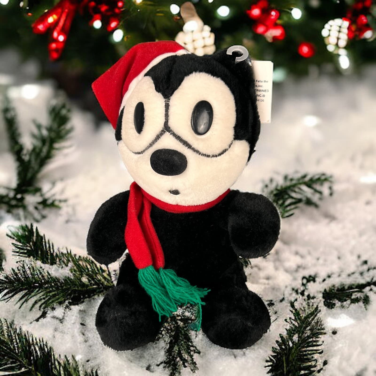 Vintage 90's A & A Felix The Cat Christmas Winter Plush Santa Hat & Scarf Tags