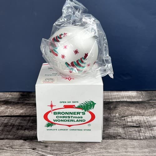 Vintage Bronner's Christmas NIB Satin White Glass Ornament Green & Red Trees