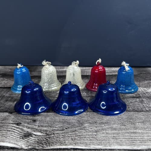 Vintage Irwin Red and Blue Plastic Stenciled Bell Christmas Ornaments Set of 8