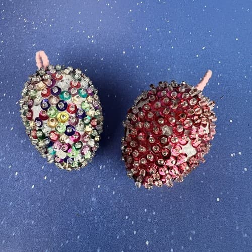 2 Vintage Christmas Ornaments Handmade Push Pin Beaded Sequin Eggs Red & Rainbow