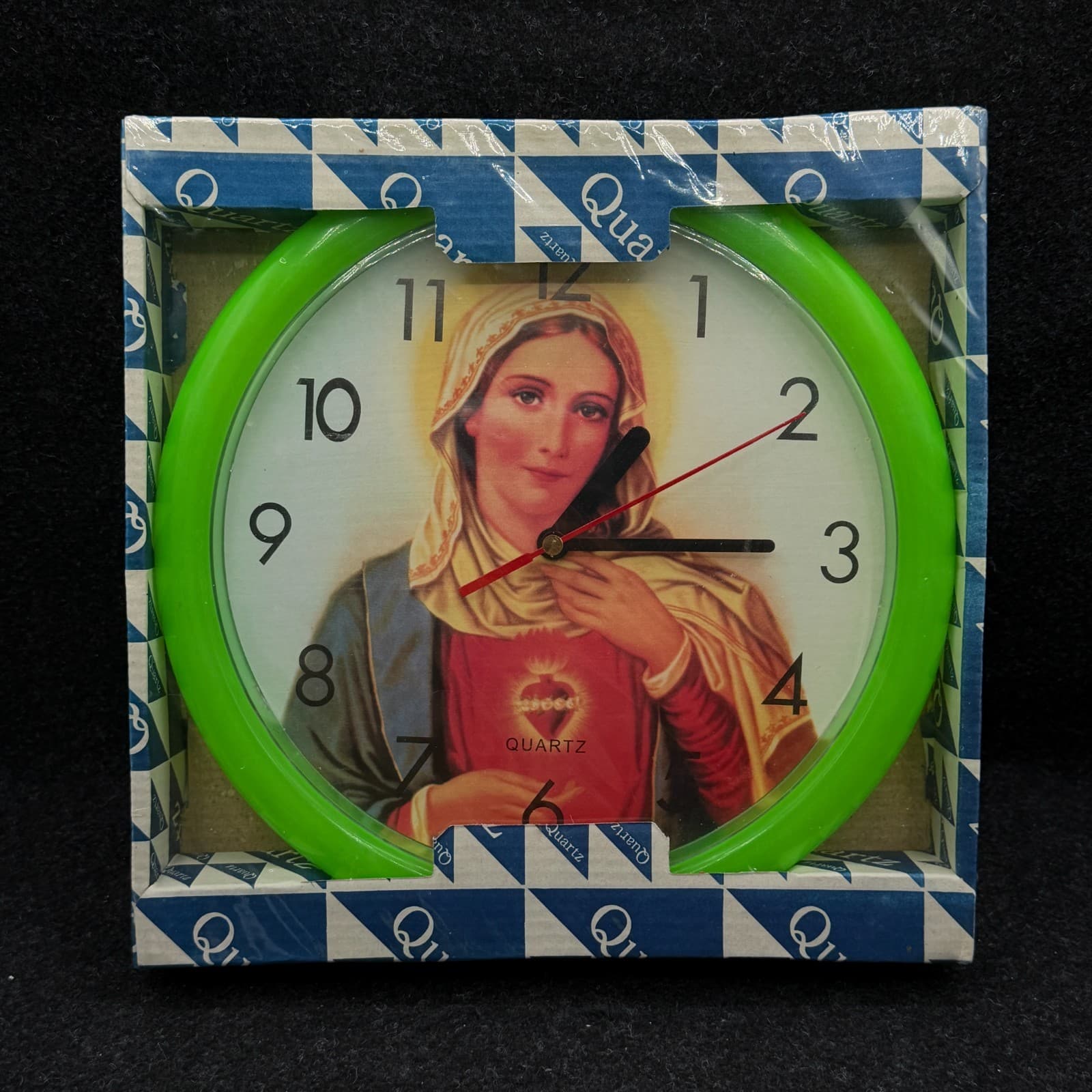 BRAND NEW Battery Neon Green Wall Clock Virgin Mary Catholic Made By QUARTZ
