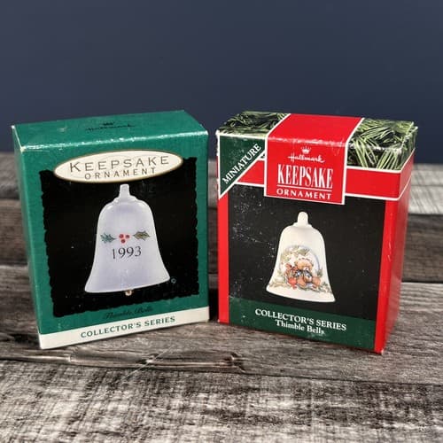 2 Vintage Hallmark Miniature Ornaments Thimble Bells #3 1992 and 4 Final 1993
