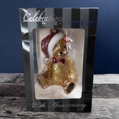 2010 Christopher Radko Teddy Bear w/ Santa Hat Glitter Glass Ornament