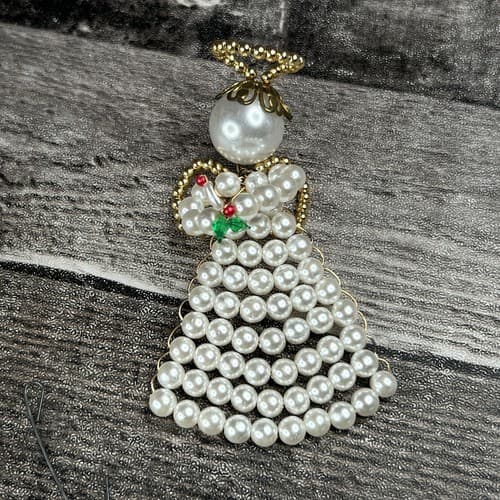 Handmade Beaded Angel White Gold Beads Wire Brooch Pin Holiday Religion Jewelry