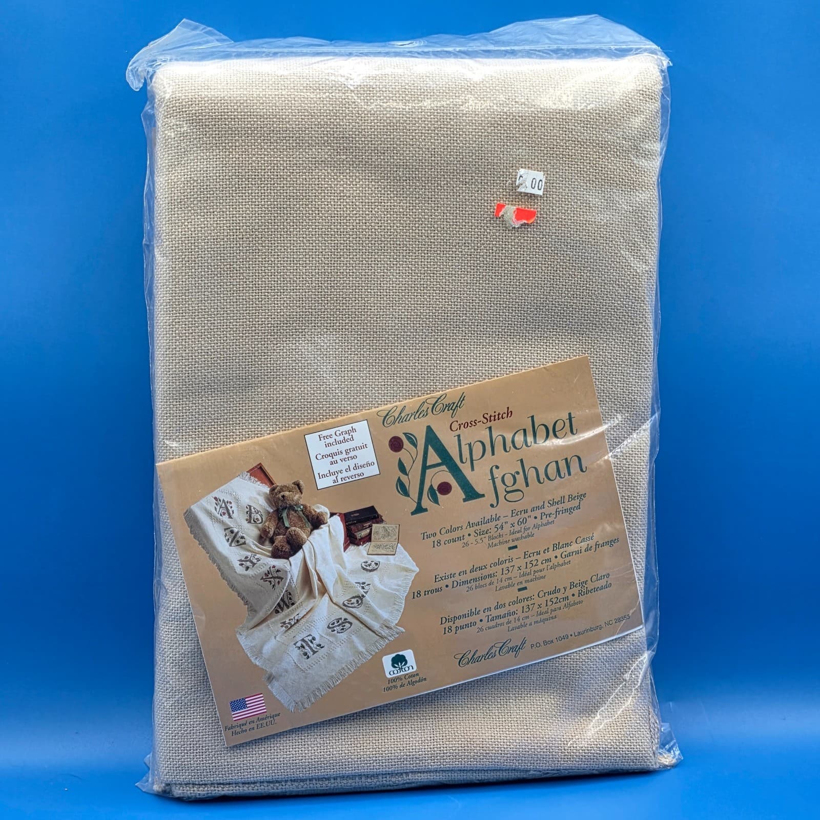 Alphabet Afghan ECRU color 18 Count 54"X60" Pre-fringed Charles Craft DMC NEW
