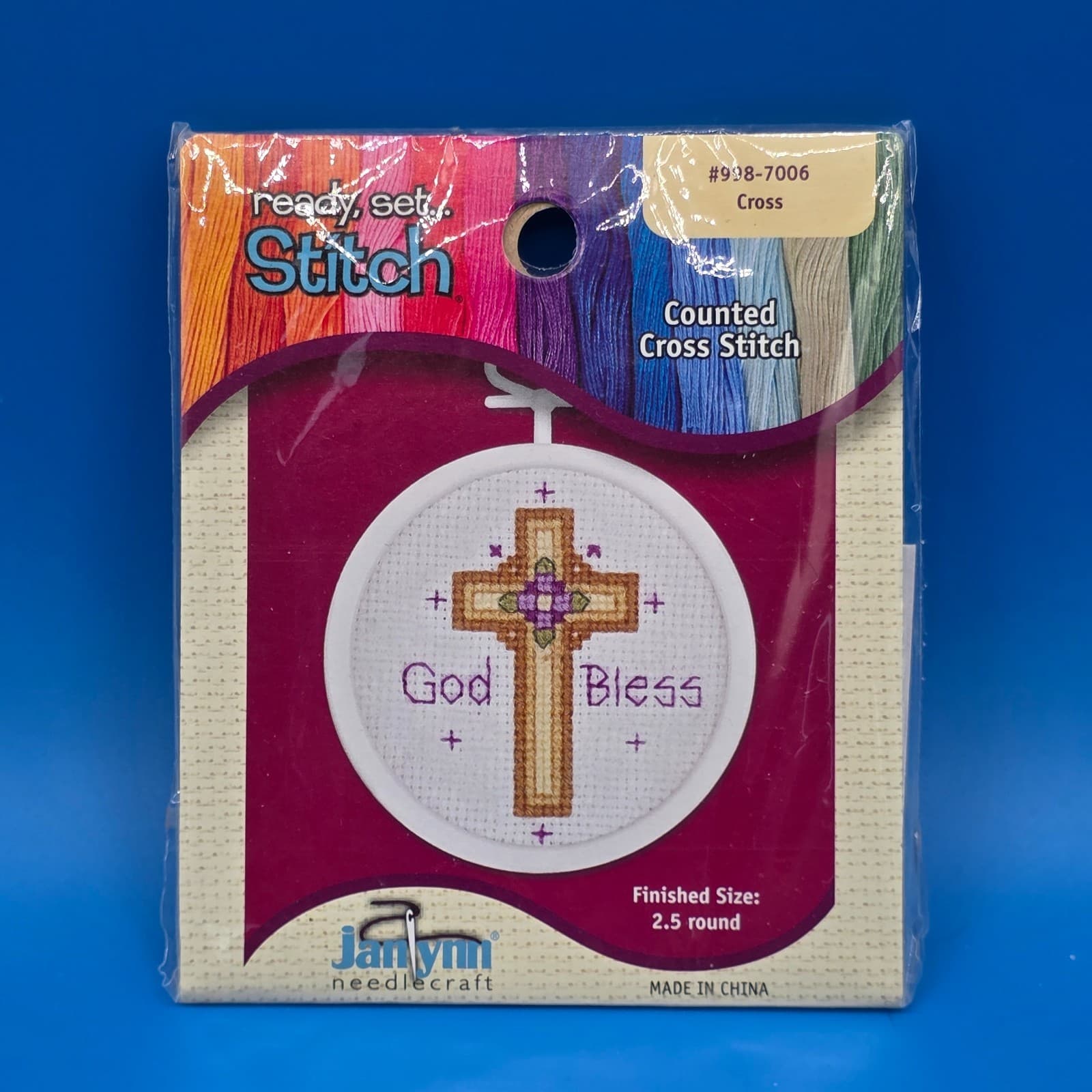 Janlynn God Bless Cross Counted Cross Stitch Small 2.5" Round