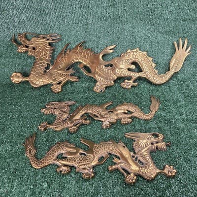 Vintage Asian Solid Brass Large Dragon Hanging Wall Decor Made In India