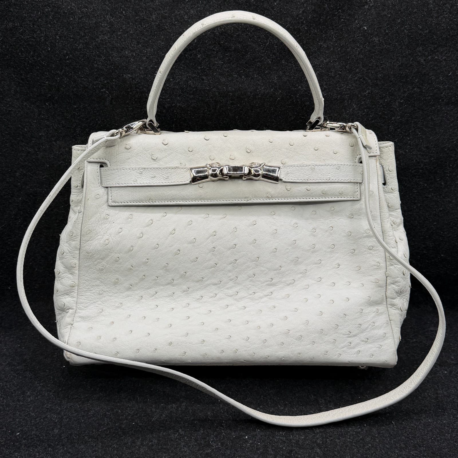 House of Borel Maiden Lane Ostrich Turn Lock The Kelly Hand Bag White