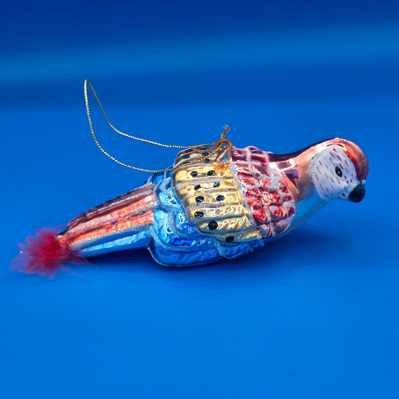 Vintage Parrot Christmas Glass Ornament Red Feather Tail 6 in