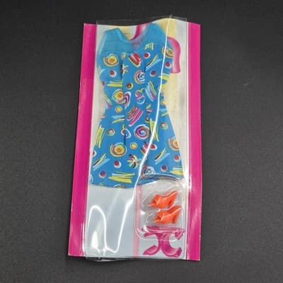 1997 Barbie Go In Style Fashion Psychedelic Multi Color Dress & Orange Shoes