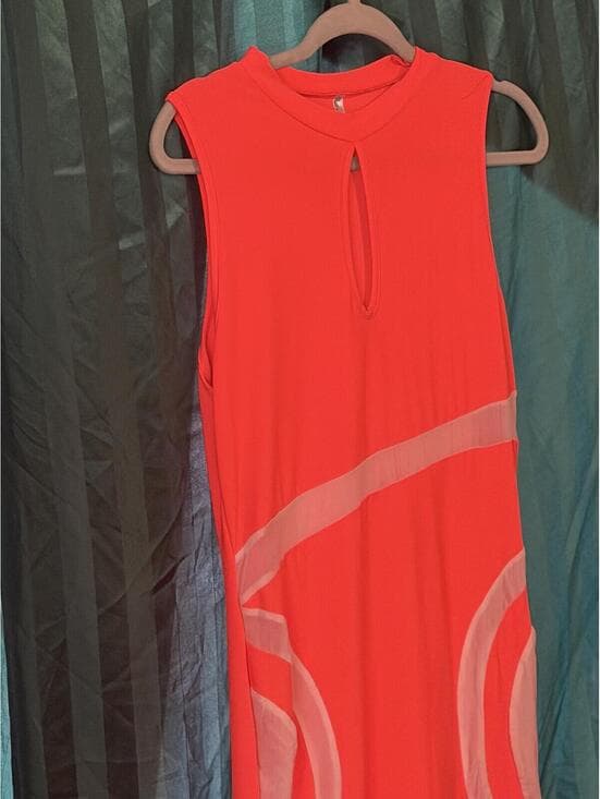 Sleeveless Orange Midi Dress with Sheer Geometric Accents