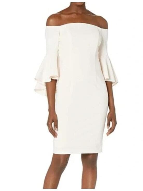 Calvin Klein Sheath Dress Off The Shoulder Bell Sleeve Beige