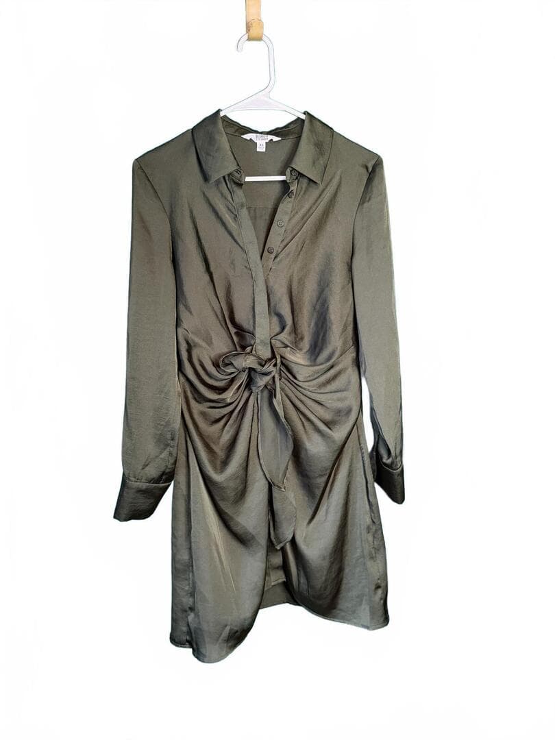 BB Dakota Olive Green Satin Dress with Front Knot Detail XS