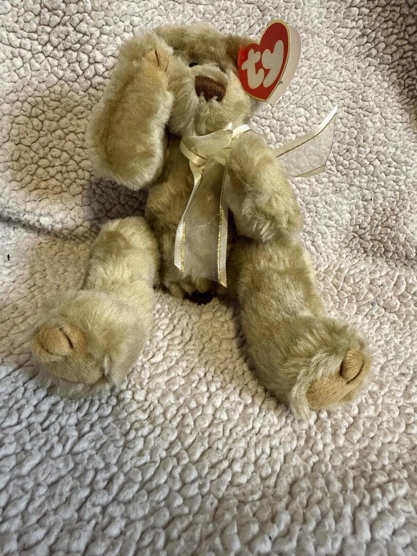 Ty Attic Treasures Beverly Bear Plush - Jointed Beige Teddy Gold Bow