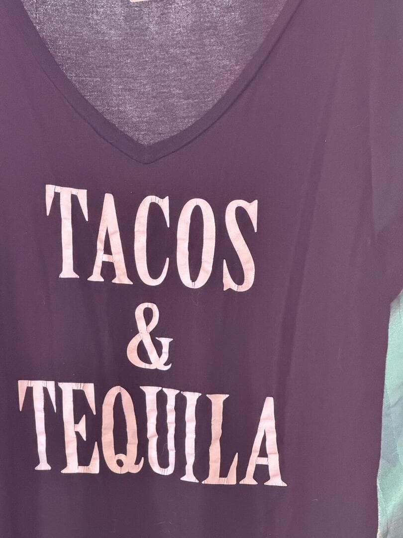 Black V-Neck T-Shirt with 'Tacos & Tequila' Print