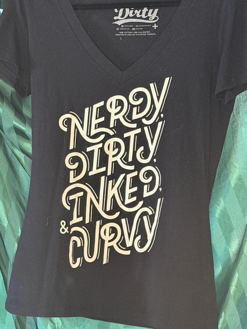 Dirty Black V-Neck T-Shirt with 'Nerdy Dirty Inked & Curvy'