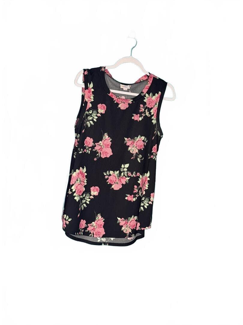 LuLaRoe Floral Sleeveless Top - Black & Pink Roses