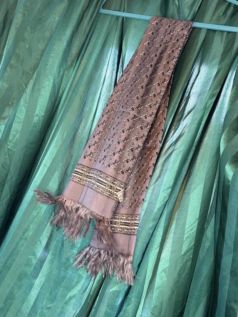 Golden Camel Silk Scarf with Horse Print & Fringe