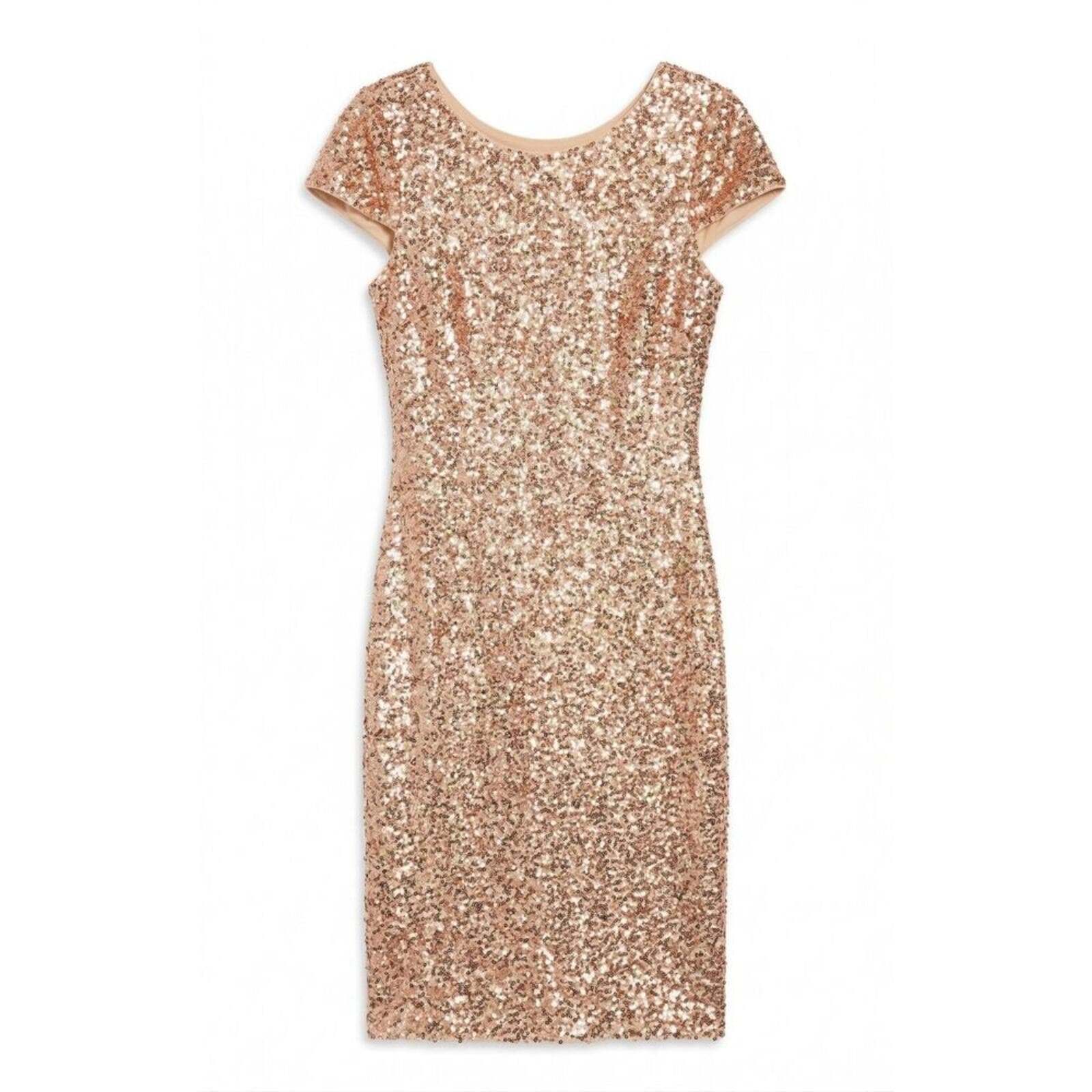 Belle Badgley Mischka Sequin Dress Cowl Back Cap Sleeve