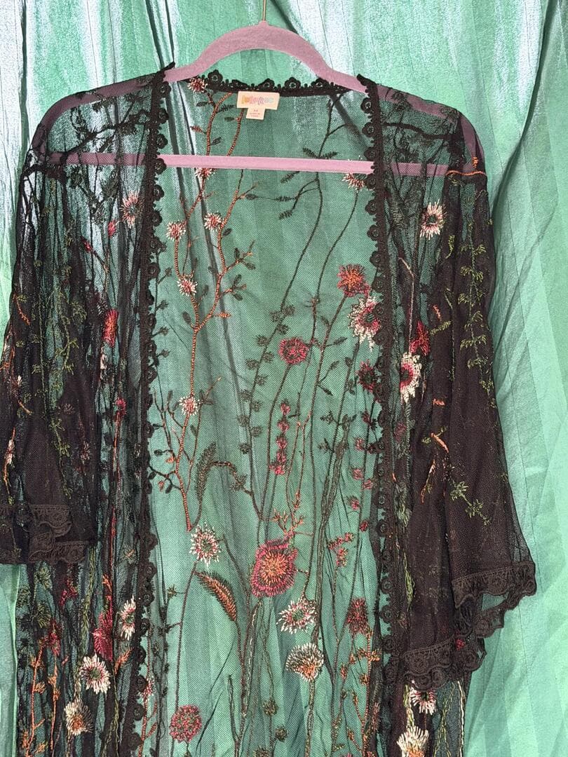 LulaRoe Sheer Black Floral Embroidered Kimono Duster