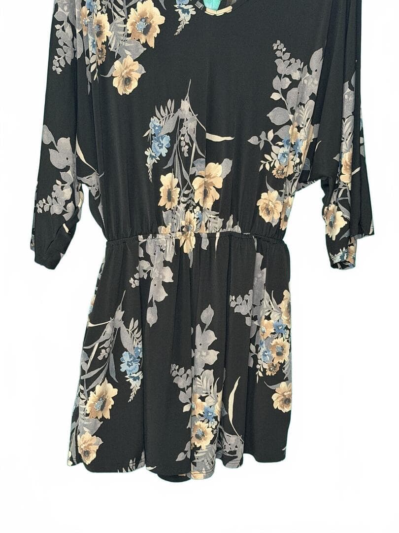 White Birch Floral Romper - Black with Blue & Beige