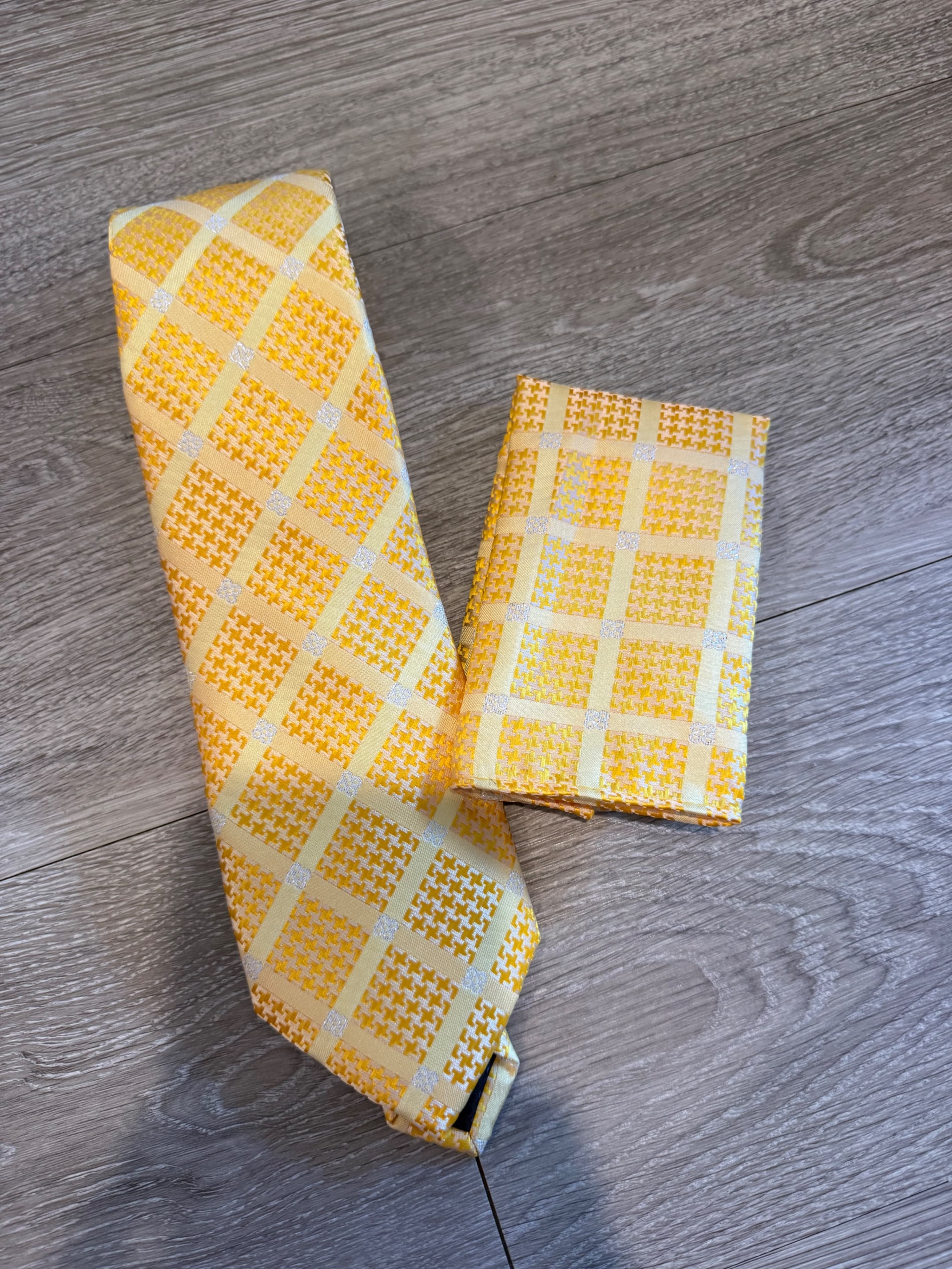 Yellow Plaid Necktie and Pocket Square Set